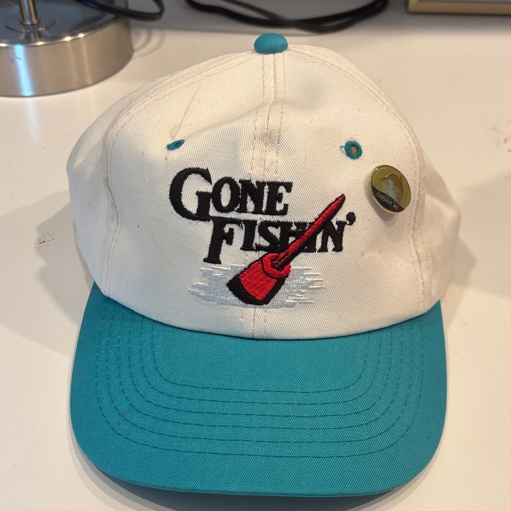Gone Fishin' vintage White and Teal Cap - Picture 1 of 5